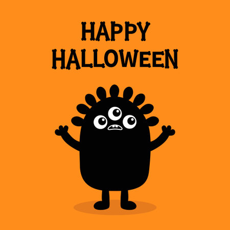 Happy Halloween. Monster black silhouette. Three eyes, fang tooth. Bones text font. Bone letter type. Cute kawaii cartoon funny character. Baby kids collection. Flat design. Orange background. Vectorのイラスト素材