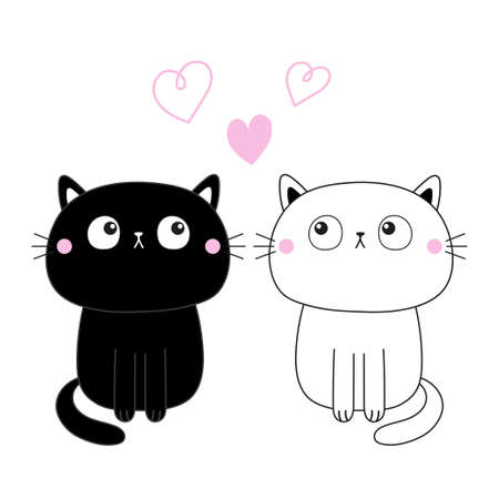 Black and white cat set. Pink heart. Contour line. Cute cartoon sitting kitty character. Kawaii animal. Funny baby kitten. Sad face. Love couple. Greeting card. Flat design. Isolated. Vectorのイラスト素材