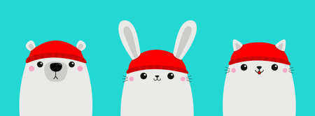 White bear bunny rabbit cat kitten head face set. Red hat. Merry Christmas. Happy New Year. Cute cartoon kawaii baby character. Funny animal. Flat design. Hello winter. Blue background. Vectorのイラスト素材
