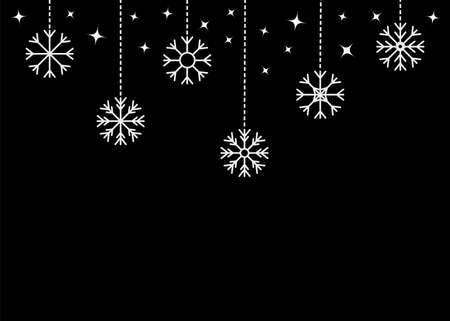 Merry Christmas snowflake set hanging at dash line. Six xmas snowflakes toy. Stars Sparkles shining. Glowing star sparkle set. Happy New Year sign symbol. Flat design. Black background Isolated Vectorのイラスト素材