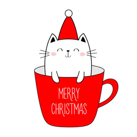 Merry Christmas Happy New Year. Cute cat in cup of coffee tea. Red Santa hat. Funny kawaii doodle animal. Line kitten kitty. Cartoon funny baby pet character. Flat design. White background. Vectorのイラスト素材