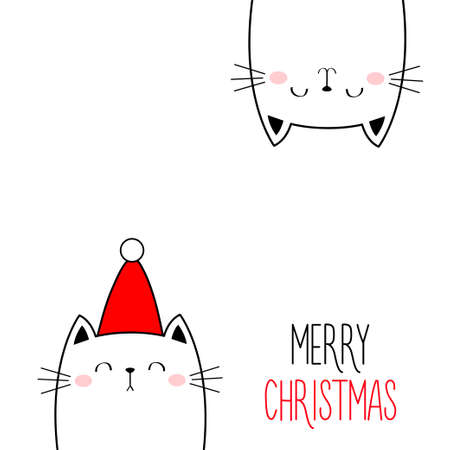 Merry Christmas Happy New Year. Cat set. Upside down. Red Santa hat. Funny kawaii doodle animal. Two kute kitten kitty. Cartoon funny baby pet character banner. Flat design. White background Vectorのイラスト素材