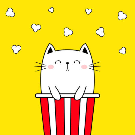 Cat in popcorn box. Kitten and movie. Pop corn popping. Cute cartoon kawaii funny contour character. Kids print. Cinema theater. Film show. Food. Yellow background. Isolated. Flat design Vectorのイラスト素材