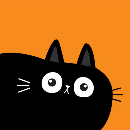 Cute black cat kitten face head body in left corner. Cartoon character. Kawaii baby pet animal. Notebook cover, tshirt, greeting card print. Scandinavian style. Flat design. Orange background. Vectorのイラスト素材
