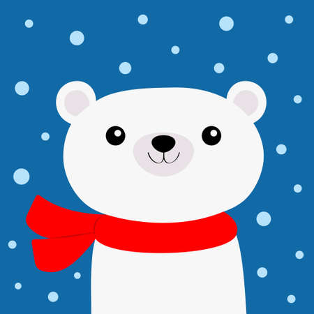 Polar white bear cub face in red scarf. Cute cartoon kawaii baby character. Merry Christmas. Happy New Year. Arctic animal. Flat design Hello winter. Blue snow flake background. Vector illustrationのイラスト素材