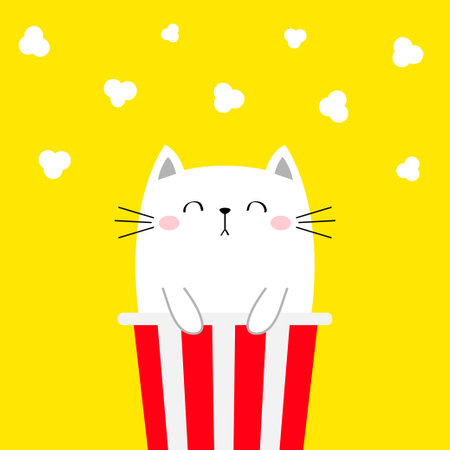 Cat in popcorn box. Kitten and movie. Pop corn popping. Cute cartoon kawaii funny character. Kids print. Cinema theater. Film show. Food. Yellow background. Isolated. Flat design. Vector illustrationのイラスト素材