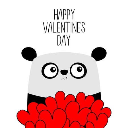 Happy Valentines Day. Panda bear holding red heart set bouquet. Cute kawaii cartoon character. Funny head face. Baby greeting card template. Notebook cover, tshirt. White background Flat design Vectorのイラスト素材
