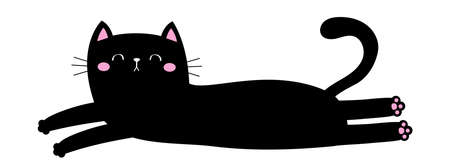 Lying cat. Cute kawaii cartoon baby pet character. Long body. Cute chilling black kitten head face. Happy Halloween. Greeting card print. Flat design. White background. Isolated. Vector illustrationのイラスト素材