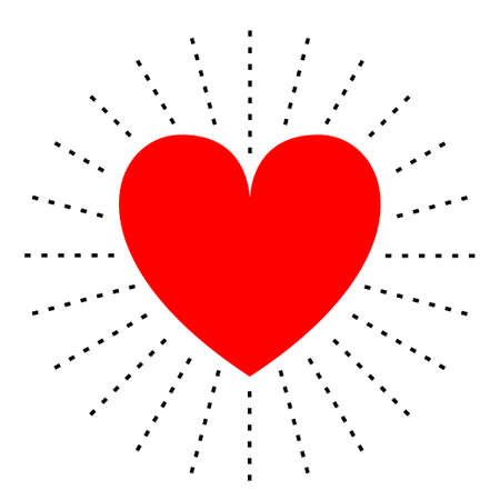 Red shining heart. Happy Valentines Day. Hearts with rays. Dash line. Heart sun line icon. Sunburst starburst circle. Love sign symbol. Flat design. Isolated White background. Vector illustrationのイラスト素材