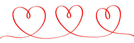Three heart set. One line hand draw doodle. Continuous line art. Red hearts. Happy Valentines Day. Decoration element. Love romantic sign symbol White background. Isolated. Vector illustrationのイラスト素材