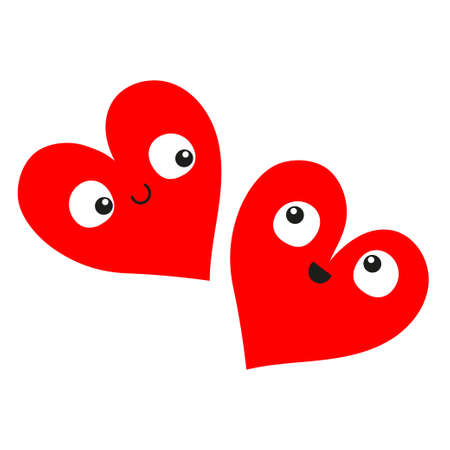 Red heart icon set. Cute face head. Happy Valentines Day. Kawaii cartoon funny baby character. Love sign symbol. Two hearts emoji couple. Greeting card. Flat design. White background. Isolated. Vectorのイラスト素材