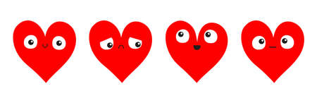 Red heart emoji icon set line banner. Cute face. Happy Valentines Day. Kawaii cartoon funny baby character. Love sign symbol. Hearts head. Greeting card. Flat design. White background. Vectorのイラスト素材