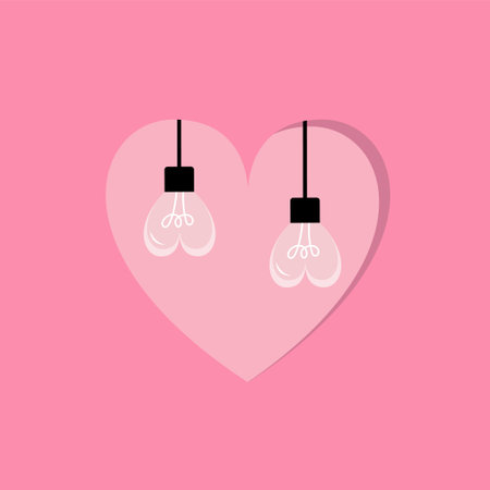 Valentine light bulb set hanging in heart. Happy Valentines Day. Hearts shape glowing garland element. Glass lamp. Idea Love sign symbol. Flat design. Pink background. Isolated. Vector illustrationのイラスト素材