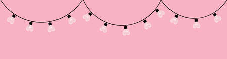 Happy Valentine's Day. One line garland string. christmas light. Heart Glowing Lamp Light Bulb. continuous line art. black hearts. decoration element. Love sign symbol Pink background. Vectorのイラスト素材