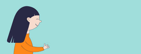 girl head face in profile. Brunette woman reaching hand. side view. Cute cartoon kawaii smiling character. banner template. flat design. blue background. isolated. vector illustration.のイラスト素材