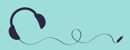 Headphone speaker. Black headphones earphones with cord cable plug. Music banner template. Headset...