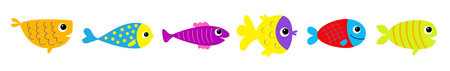 Fish icon line set. Cute cartoon kawaii funny baby character. Marine life. Colorful aquarium sea ocean animals. Kids collection. Isolated. White background. Flat design. Vector illustrationのイラスト素材