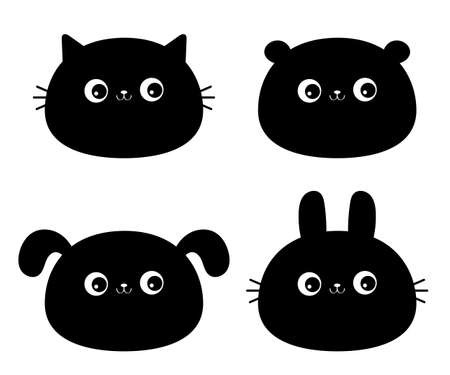 Cat kitten kitty, bear, dog puppy, rabbit bunny hare face icon set. Kawaii animal. cute cartoon characters. black silhouette sticker. Funny baby. love card. flat design. white background. vectorのイラスト素材