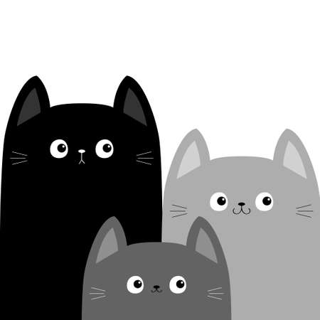Black gray cat head face set. Different size big small middle. Cat family. Cute cartoon funny characters. Pet baby collection. greeting card. sticker print. flat design. White background Vectorのイラスト素材