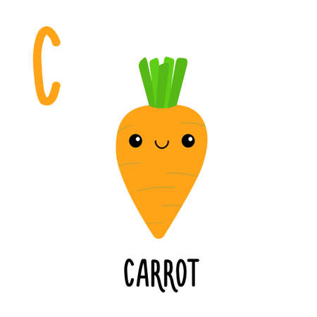 Letter C Carrot. Animal and food alphabet for kids. Cute cartoon kawaii English abc. Funny Zoo Fruit Vegetable learning. education cards. isolated. flat design. white background. vector illustrationのイラスト素材