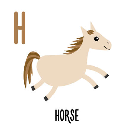 Letter H Horse. Animal and food alphabet for kids. Cute cartoon kawaii English abc. Funny Zoo Fruit Vegetable learning. education cards. isolated. flat design. white background. vector illustrationのイラスト素材