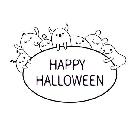 Happy Halloween countour doodle. Cute cartoon kawaii monster set. oval frame. character set. white background. isolated. flat design. vector illustrationのイラスト素材