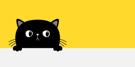 Cat head face hanging on paper board template banner. Black funny kitten body with paw print. Cute cartoon character set. Kawaii animal. baby card. pet collection. Flat design Yellow background Vectorのイラスト素材