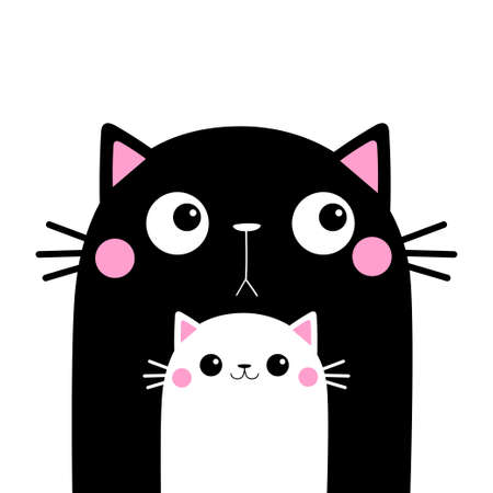 Black white cat head. Cats in a row. Cute cartoon funny smiling character family set. Different size big small middle. Pet baby collection Card. flat design. White background Isolated. vectorのイラスト素材