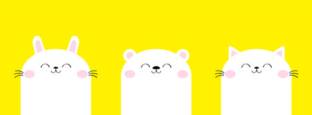 White cat kitty, kitten, bear cub bunny rabbit icon set. Cute kawaii animal. Cartoon baby character....