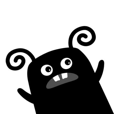 Monster in the corner waving hand. Happy Halloween. Kawaii cute cartoon baby character. Funny face head body. Horn, tooth. black silhouette. flat design. white background. vector illustrationのイラスト素材