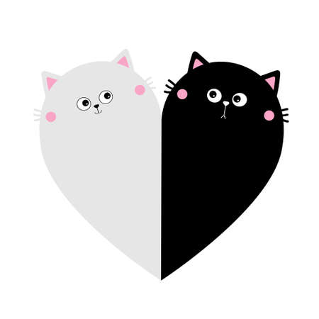 cat heart set. couple family. Black White Yin Yang kitty kitten. Happy Valentine's day. Cute cartoon kawaii funny baby character. sticker template. white background. isolated. flat design. Vectorのイラスト素材