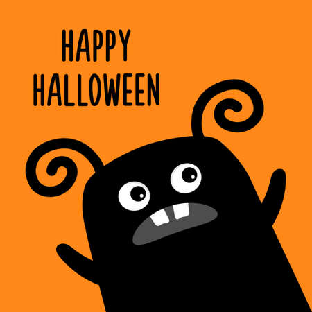 Happy Halloween. Monster in the corner waving hand. Kawaii cute cartoon baby character. Funny face head body. Horn, tooth. black silhouette. flat design. orange background. vector illustrationのイラスト素材