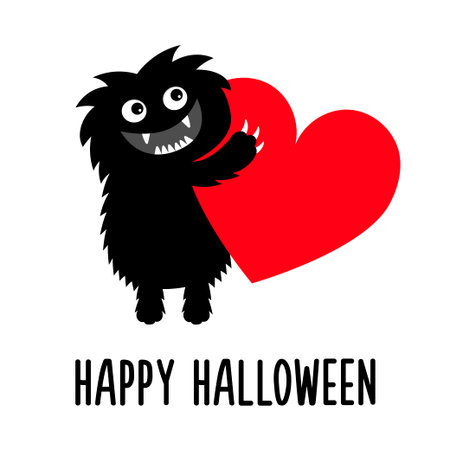 Happy Halloween. Monster holding big red heart. Cute cartoon kawaii funny animal character head face. flat design. love card. sticker print. white background. isolated. vector illustrationのイラスト素材