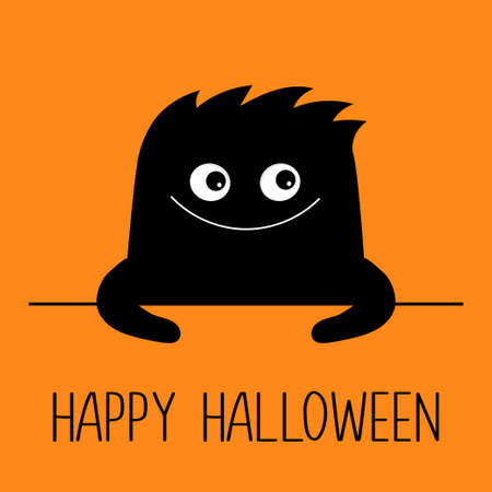 Happy Halloween. monster silhouette. Cute Black Funny Kawaii cartoon baby character. Eyes, teeth, hands. smiling face. sticker print. Boo. flat design. orange background. vector illustrationのイラスト素材