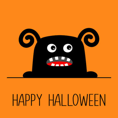 monster silhouette. Happy Halloween. Black Funny Kawaii Cute cartoon baby character. Eyes, teeth, tongue, ear hands. sticker print. Boo. flat design. orange background. vector illustrationのイラスト素材