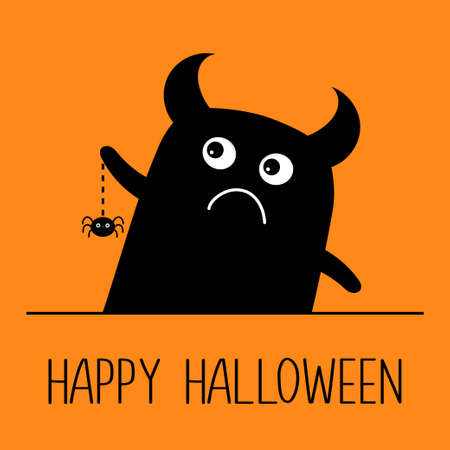 Sad monster silhouette. Happy Halloween. Spider dash line web. Black Funny Cute cartoon baby character. Eyes, teeth, tongue, spooky hands. Boo. Flat orange background. vector illustrationのイラスト素材