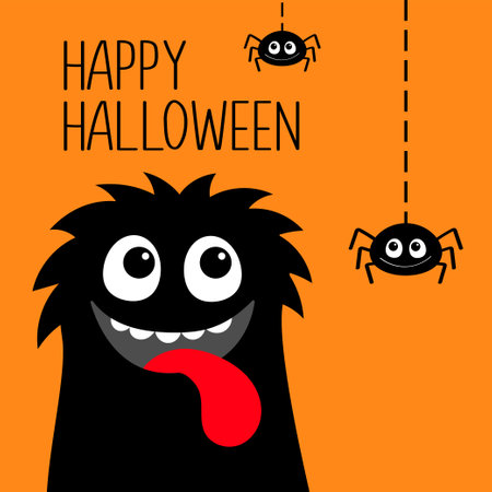 Happy Halloween. Monster black head face silhouette. Spider set hanging on web line. Cute Funny Kawaii cartoon baby character. Showing tongue. smiling face. Boo. flat design. orange background. vectorのイラスト素材