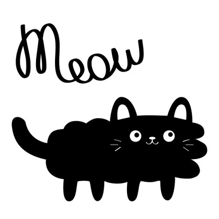 cat meow text. Black fluffy kitten face head body. Fat kitten. cute cartoon character. Kawaii baby pet animal. Notebook cover, tshirt, greeting card print. flat design. white background. vectorのイラスト素材
