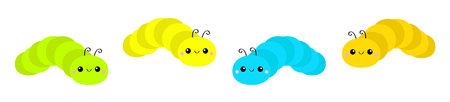 Caterpillar insect icon set line. Crawling catapillar bug. Cute kawaii cartoon funny character. baby collection. Colorful bright yellow green orange blue color. flat design. white background. Vectorのイラスト素材