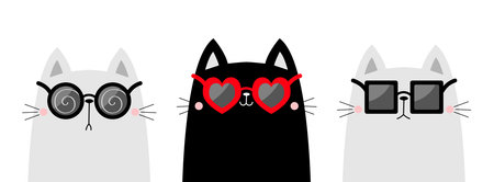 White cat wearing sunglasses. Round, heart square shape sunglass set. Blue black red lenses. Cute cartoon kawaii funny character. Kitten in eyeglass. white background. Flat design Vectorのイラスト素材