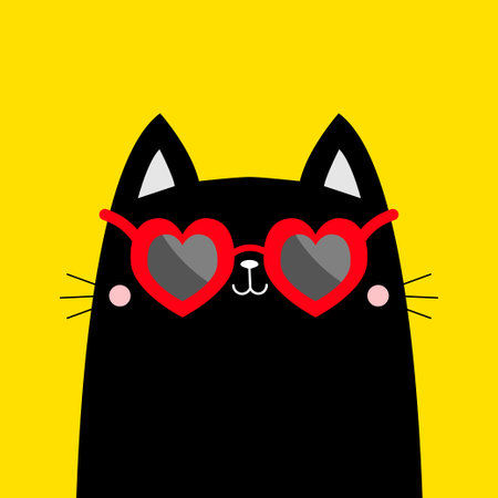 Cat wearing red heart shape sunglasses eyeglasses. funny sunglass. Black lenses, red frame. Cute cartoon kawaii character. Kitten in eyeglass. yellow background. flat design. vector illustrationのイラスト素材