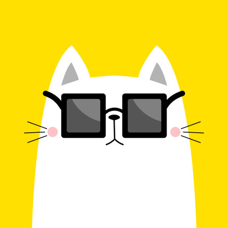 White cat wearing square sunglasses. Cute cartoon kawaii funny character. Kitten in eyeglasses. yellow background. flat design. vector illustrationのイラスト素材