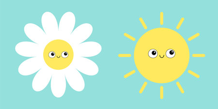 White daisy chamomile sun shining set. Smiling face head. Camomile icon. Cute flower plant collection. love card. Cartoon kawaii funny character. growing concept. flat design. green background. vectorのイラスト素材