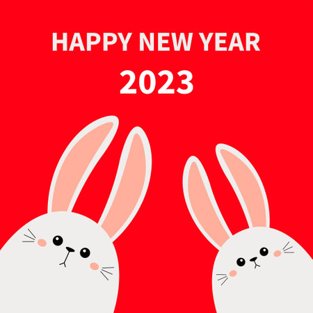 Happy Chinese New Year 2023. The year of the rabbit. Bunny face head icon set. Cute kawaii animal. Cartoon funny baby character. kids print. flat design. red background. vector illustrationのイラスト素材