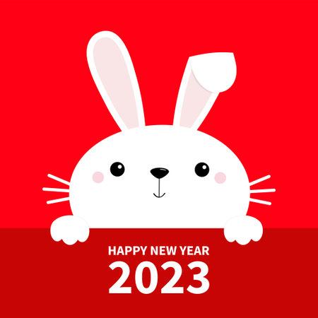 Happy Chinese New Year 2023. The year of the rabbit. Bunny face and paws. Cute cartoon kawaii funny baby character. long ears. Farm animal collection. red background. Greeting card Flat design Vectorのイラスト素材