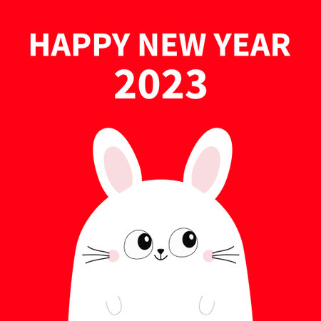 Happy Chinese New Year 2023. The year of the rabbit. White bunny head face. Funny head face. Cute kawaii cartoon character. baby greeting card. red background. flat design. vector illustrationのイラスト素材