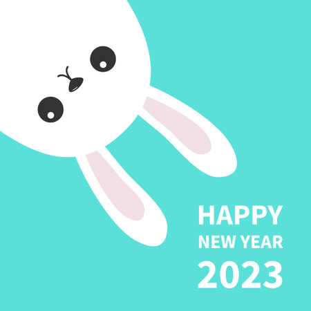 Happy Chinese New Year 2023. The year of the rabbit. White bunny hanging upside down. Hare looking from the corner. flat design. Cute kawaii cartoon character. greeting card. blue background. Vectorのイラスト素材