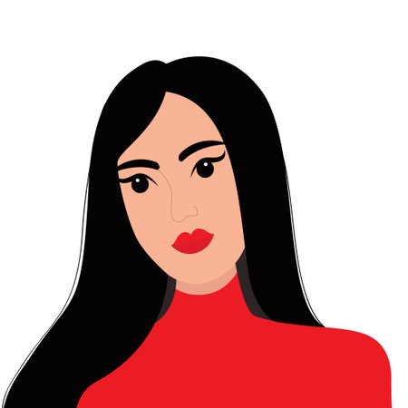 portrait of woman. brunette hairstyle. young girl face. Beautiful lady female. Avatar for social networks. Black long hair. Red lipstick eyeshadow makeup. flat design. red background. vectorのイラスト素材