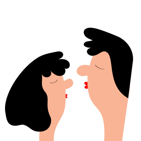 man and woman. Kissing couple. Cute cartoon funny characters. Smooch kiss. red lips. black hair. Happy Valentine's Day. love card. family person. first date. flat design. white background. vectorのイラスト素材