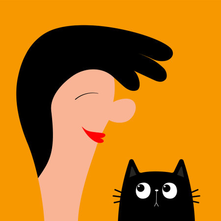 woman face profile. young girl head. Cute black cat. Beautiful lady female. brunette hair. Avatar for social networks. Cartoon funny characters. love pet. flat design. yellow background. vectorのイラスト素材